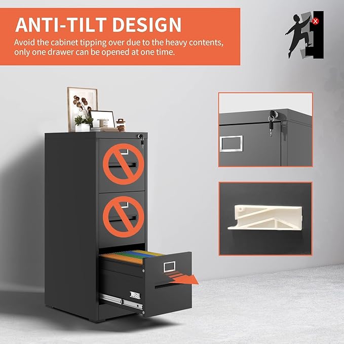 3 Drawer Vertical File Cabinet Home Office Metal Filing Cabinet, D17.7 Locking File Cabinets with Keys, Anti-Tilt Design, Steel Drawer Cabinet for A4/Legal/Letter,Need Assemble (Black)