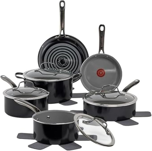 T-fal Preserve Ceramic, Non stick Cookware Set 13-Piece, Oven & Broiler Safe up to 350°F, Includes Stockpot, Saucepans, Frying Pans, Protectors, Pots and Pans, Black