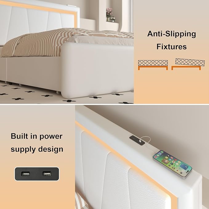 King Bed Frame with 4 Storage Drawers and Adjustable Headboard, Upholstered Platform Bed with LED Lights and USB Ports, Solid Wooden Slats Support, No Box Spring Needed, Easy Assembly, White