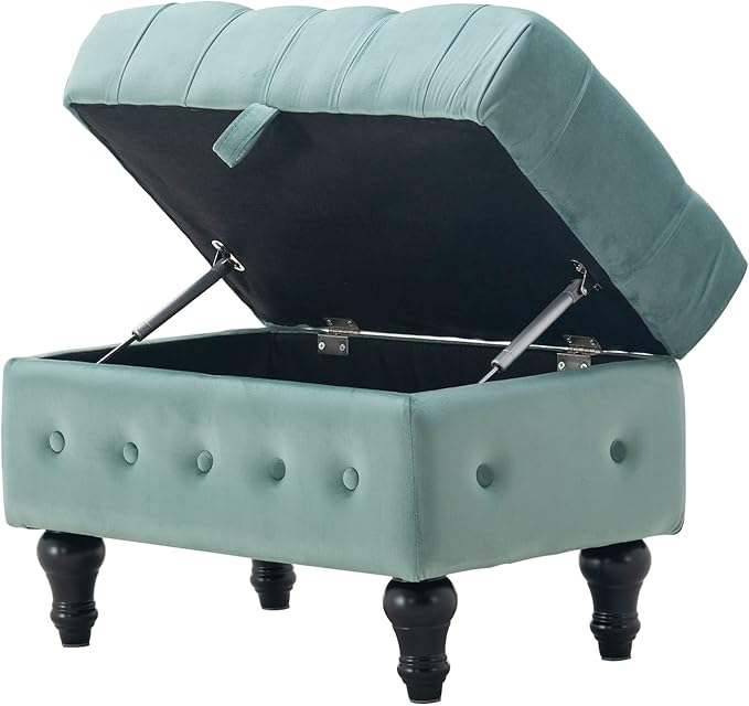 Artechworks Rectangular Storage Coffee Table Ottoman,Button Tufted Velet Upholstery Footstool Bedroom Ottoman for Living Room, Home Office, Space-Saving Storage Toy Box Stool, Light Blue
