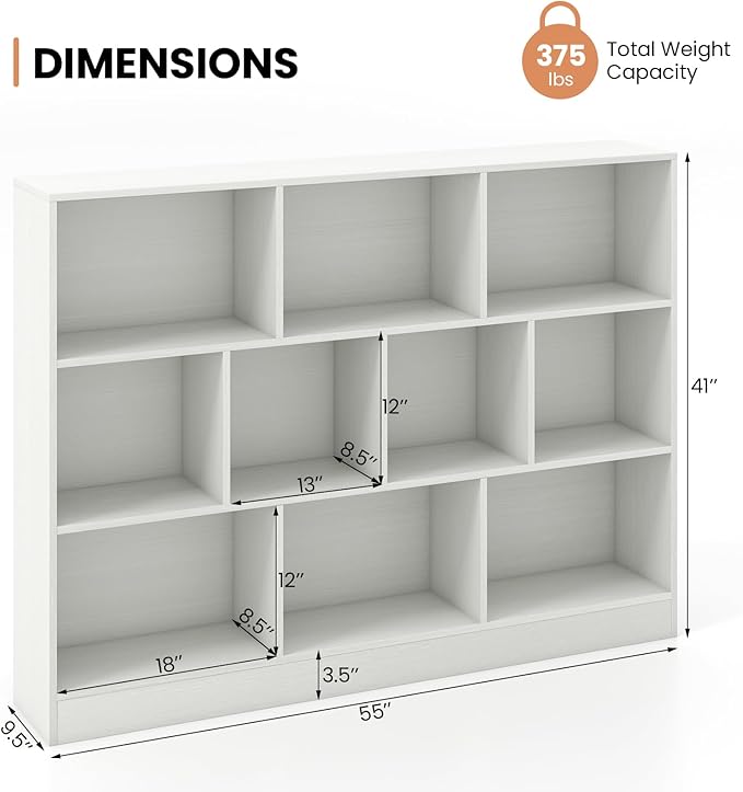 Costzon 10 Cube Bookshelf for Kids, Wooden Toy Storage Organizer w/ 2 Anti-Toppling Kits, 3 Tier Open Shelves & Non-Slip Foot Pads, Book Shelf for Kids Rooms, Playroom, Classroom, Nursery (White)