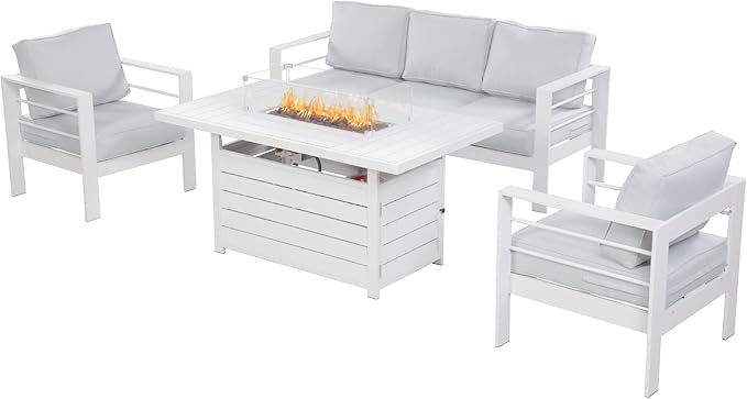Wisteria Lane Aluminum Patio Furniture Set, 4 Pcs Metal Outdoor Furniture Set with CSA Certified 54in Propane Gas Fire Pit Table, Patio Conversation Set with 5in Olefin Cover Cushions, White