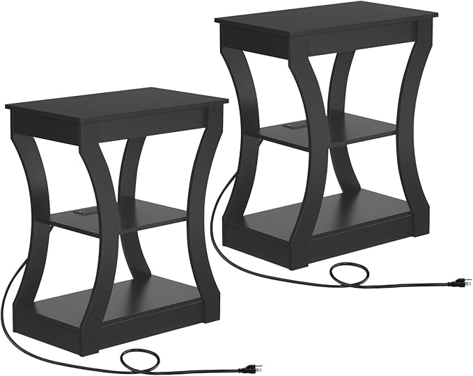 End Table with Charging Station, Set of 2, Side Table with USB Ports and Outlets, 3 Tier Nightstand with Storage Shelf for Small Spaces, Living Room, Bedroom, Black ETBK53E01S2