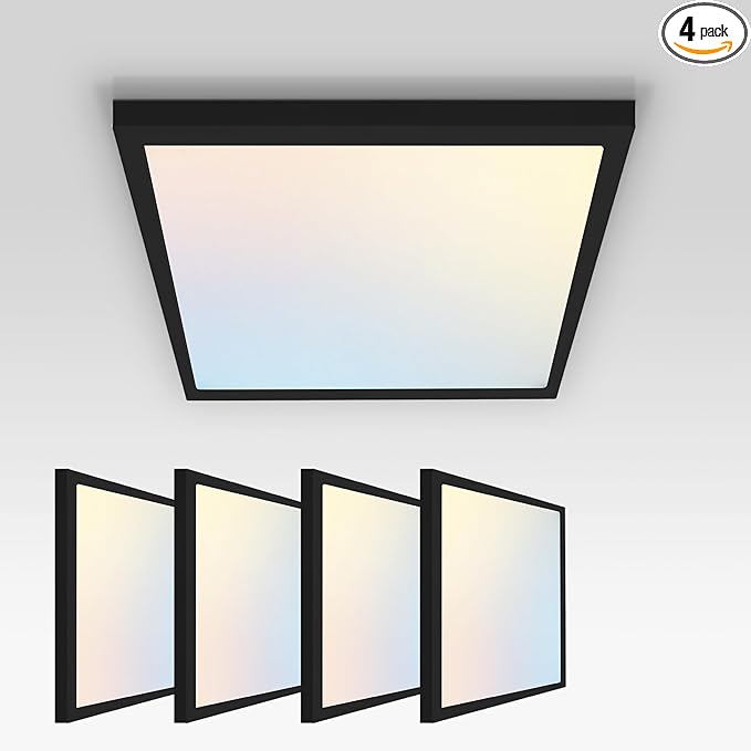 ASD LED 12" Square Flush Mount Ceiling Light Fixture, Low Profile Surface Lighting | 5CCT, Dimmable, Ultra-Thin, ETL Listed | 24W 1700LM 2700-6000K 120V | Kitchen, Hallway Lamp | Black, 4 Pack