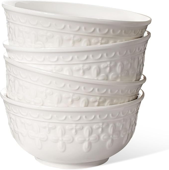 Cereal Bowls Set of 4 - Ceramic Soup Bowls for Kitchen 30 Oz Embossment White Breakfast Bowls for Rice, Pasta, Fruits, Salad, Ramen, 6.25 Inch, Dishwasher & Microwave Safe (Cross Floral)