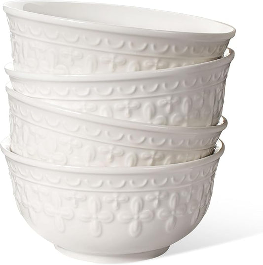 Cereal Bowls Set of 4 - Ceramic Soup Bowls for Kitchen 30 Oz Embossment White Breakfast Bowls for Rice, Pasta, Fruits, Salad, Ramen, 6.25 Inch, Dishwasher & Microwave Safe (Cross Floral)