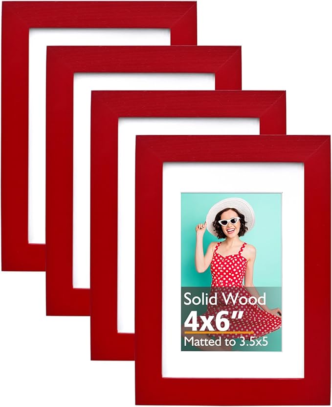 KINLINK 4x6 Picture Frames Red, Solid Wood Frames with Acrylic Plexiglass for 3.5x5 with Mat or 4x6 without Mat, Tabletop and Wall Mounting Display, Set of 4