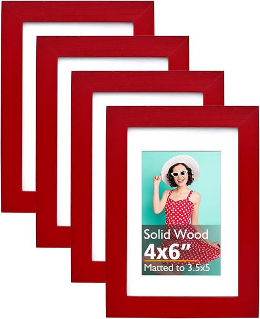 KINLINK 4x6 Picture Frames Red, Solid Wood Frames with Acrylic Plexiglass for 3.5x5 with Mat or 4x6 without Mat, Tabletop and Wall Mounting Display, Set of 4