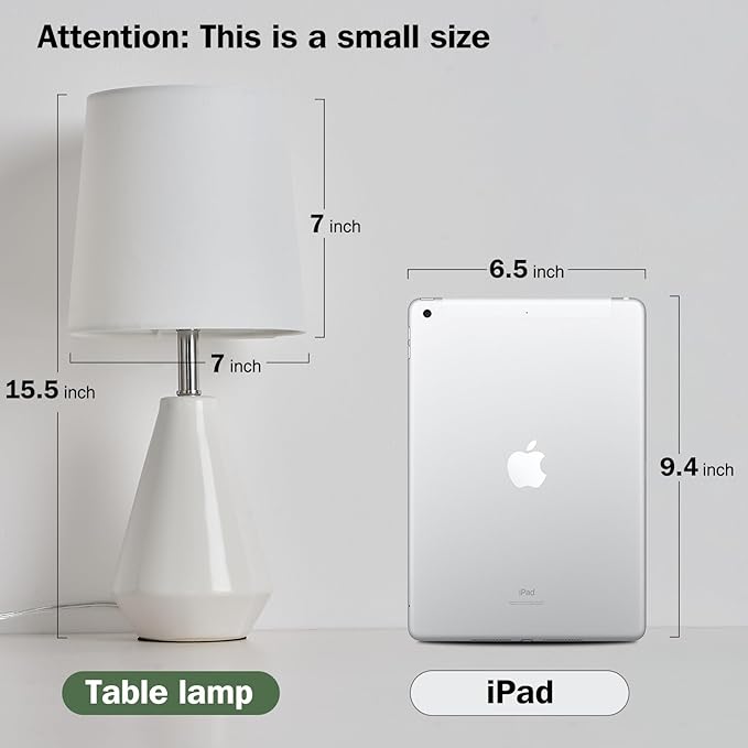 Small Bedside Table Lamp for Bedroom-Reading Desk Lamp Set of 2,with 3 Color Temperatures,15.5" Nightstand Ceramic Lamp with Fabric Shade for Kids Room,Living Room,Dorm,Home Office(White)