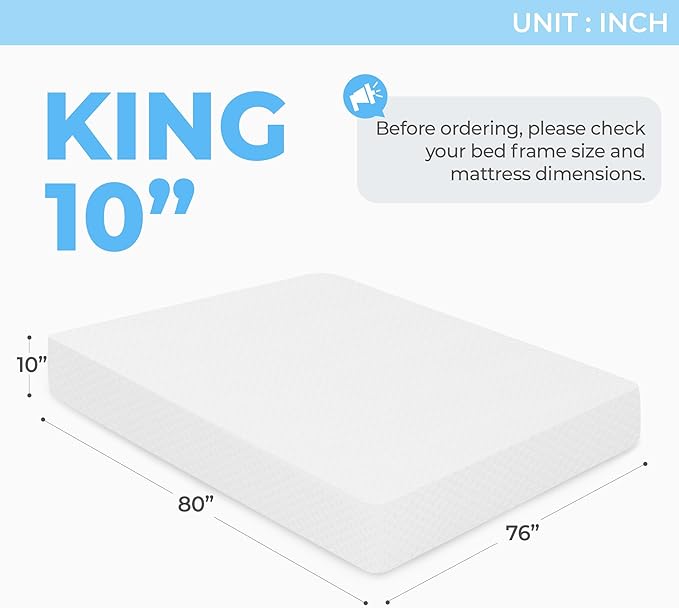 Neo Sleep 10 Inch King Cooling Gel Memory Foam Medium Firm Mattress Cool Sleep Pressure Relief CertiPUR-US Certified Foam, Mattress-in-a-Box Kids and Adults No Fiberglass (King, 10 in)