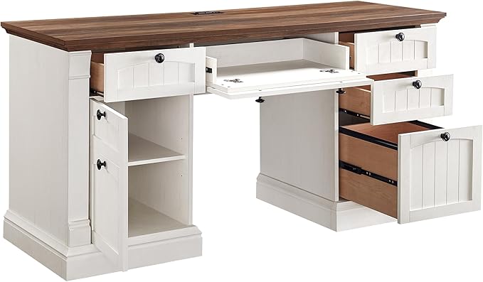 OKD 60" Executive Desk with Drawers, Farmhouse Home Office Desk with Charging Station, Keyboard Tray, File Cabinet Storage, Wood Computer Desk for Work and Study, Antique White