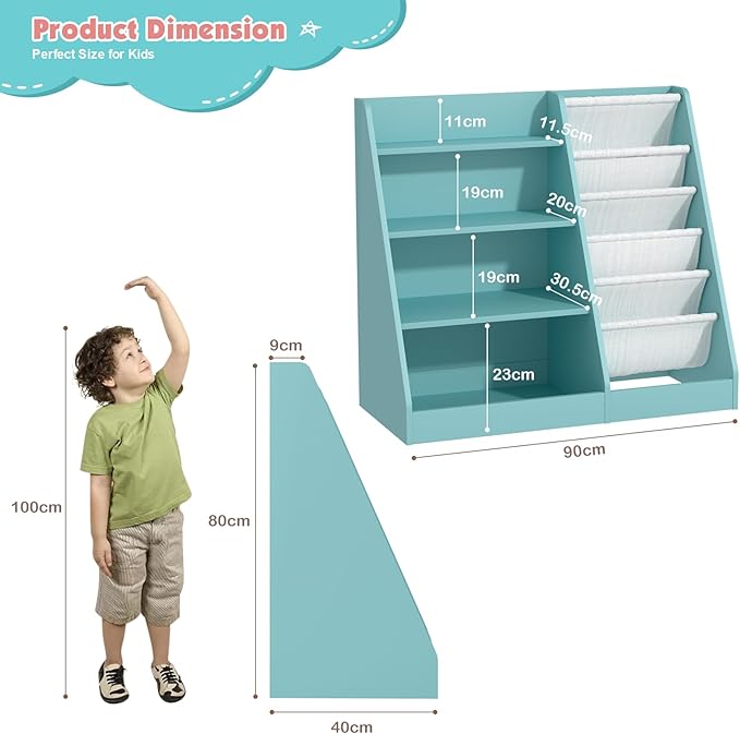 4 Tier Kids Bookshelf Wooden, Five Layer Sling Children Bookcase, Baby Toddler Storage Book Rack, Book and Toy Organizer Cabinet Chest, Book Display Shelf Stand, Playroom Nursery Classroom Library