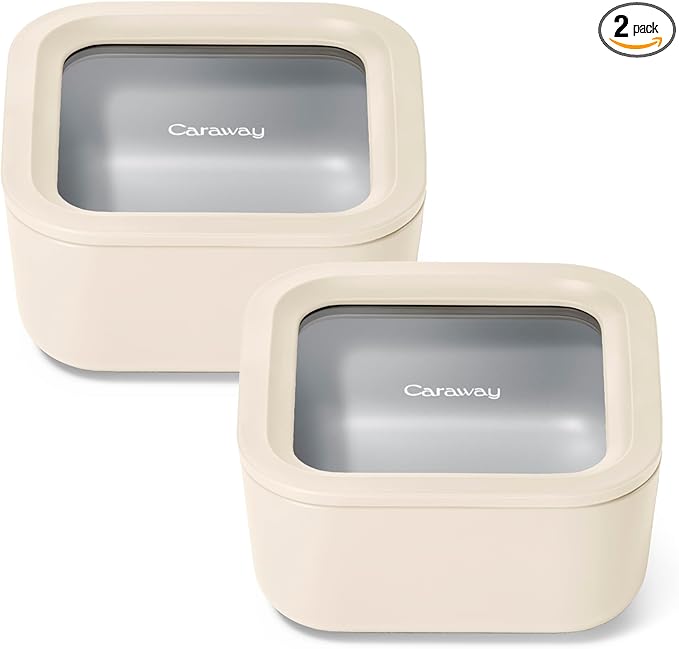 Caraway 2pc Glass Food Storage Set - 4.4 Cup Food Containers (2) - Ceramic Coated - Non Toxic, Non Stick Lunch with Lids - Dishwasher, Oven, & Microwave Safe - Cream