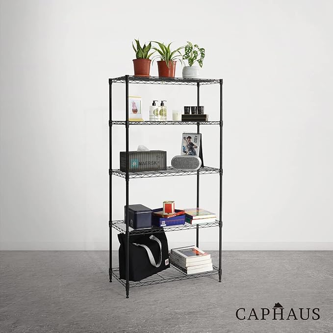 CAPHAUS 3/4/5-Tier Adjustable Height Wire Shelving Unit, Wire Rack Shelving, Metal Steel Storage Shelves, Garage Shelving Storage Organizer, Utility Storage Shelf, 5-Tier Without Wheels, Black