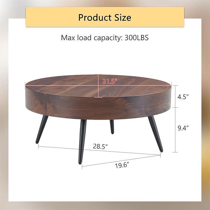 31.5'' Round Coffee Table for Living Room, Wood Texture Table Top, Black Metal Table Legs Tea Table for Dining Room Apartment Small Space (Black,Walnut)