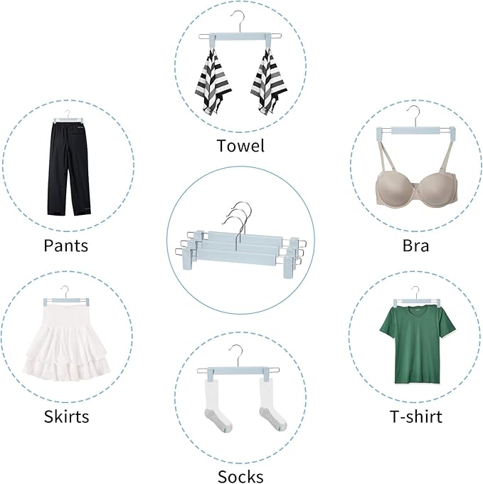 Skirt Hangers, Pants Hangers with Clips，360 ° Swivel Hooks Space Saving Hangers for Pants, Skirts, Clothes, Jeans (30 Pack, Light Blue)