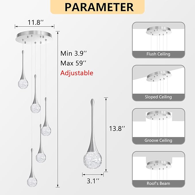 cenzoz 5-Lights Modern Pendant Lights for Kitchen Island LED Dimmable Chandelier Crystal Glam Ceiling Pendant Lighting for Dining Room Hallway Bedroom Lamp Brushed Nickel