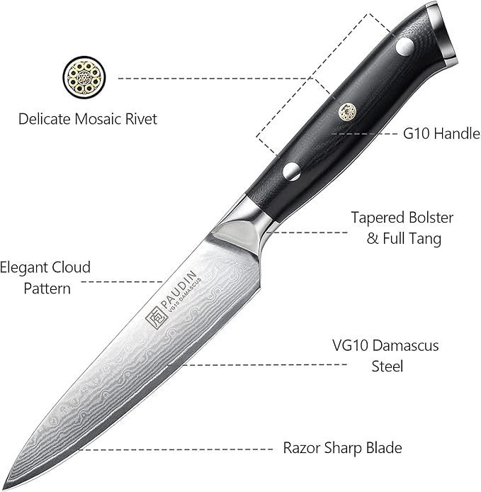 PAUDIN Utility Knife, Damascus Kitchen Knife, 67-Layer Forged Blade, Ultra Sharp Edge, Full Tang G10 Handle with Triple Rivets, 5'' Paring Knife for Cutting Fruit and Vegetables