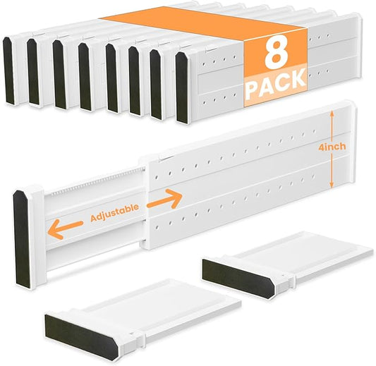 REBECAT 8 Pack Drawer Dividers for Clothes Adjustable Drawer Dividers 4" High Expandable from 15"-21" for Dresser Baby Clothes Bathroom,Bedroom Kitchen and Office Storage，White