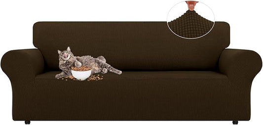 LURKA Stretch Sofa Slipcovers 1 Piece Couch Covers for 3 Cushion Couch Sofa Furniture Protector Full Sofa Covers with Elastic Bottom for Kids and Dog (Brown, Large)