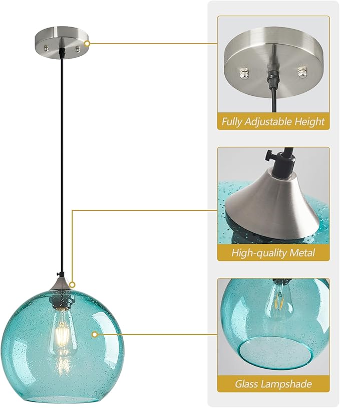 Light Blue Glass Pendant Lights Kitchen Island Globe Pendant Light Fixtures Modern Pendant Lighting for Bedroom Living Dining Room Light Fixture (9.84 in, 3 Pack)
