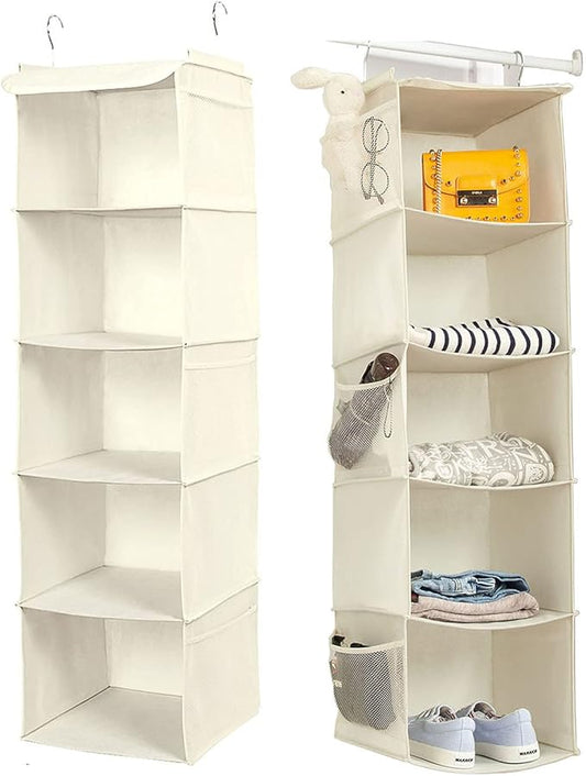 5 Shelves Hanging Closet Organizer, 2 Pack Hanging Storage with 6 Side Pockets for Clothes Shoes, 43"x12"x12"(Beige)