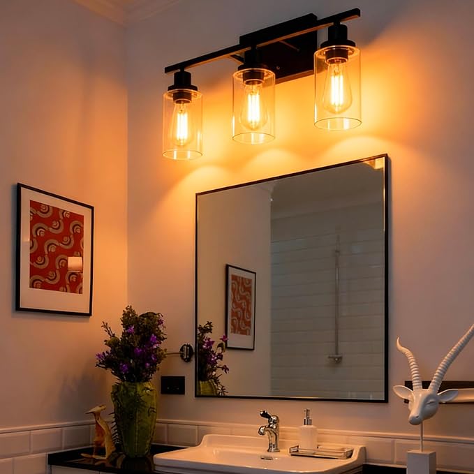 MELUCEE Bathroom Vanity Light Fixtures 24 Inches Length 3 Lights Wall Sconce Black with Clear Glass Shade for Bedroom Living Room Hallway Kitchen (Patent No.: US D963914 S)