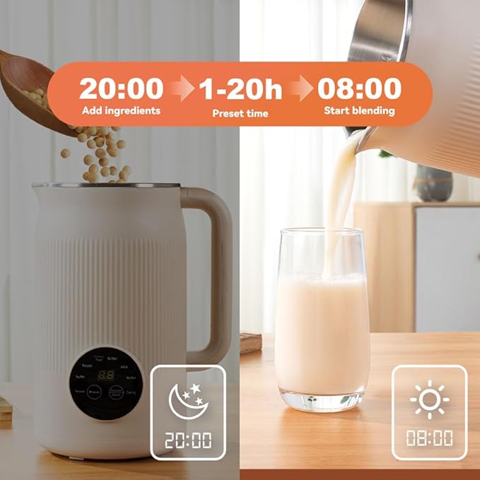 8-in1 Multifunction 40oz Nut Milk Maker Blender for Homemade Soy, Almond, Oat, Coconut, Plant Based Milks and Non-Dairy Beverages. Delayed Start, Automatic Cleaning, Boils Water, Keeps Drinks Warm.