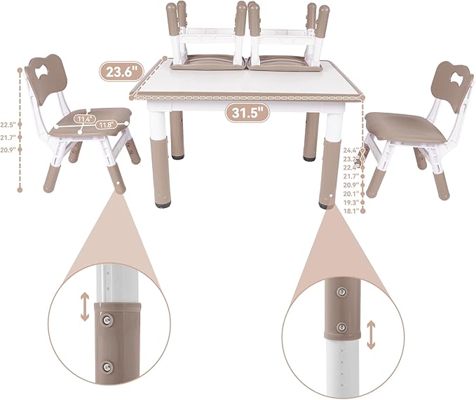 Height-Adjustable Kids Table and 4 Chairs Set, Toddler Table and Chair Set with Graffiti Desktop, 31.5''L x 23.6''W Children Activity Table for Daycare, Classroom, Home