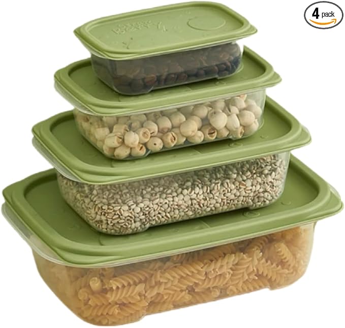 Plastic Food Storage Container Set, 4 Containers with Lids, Assorted Colors (RECTANGULAR GREEN) The set includes containers of various sizes - 260 ml, 550 ml, 1100 ml, and 2000 ml -