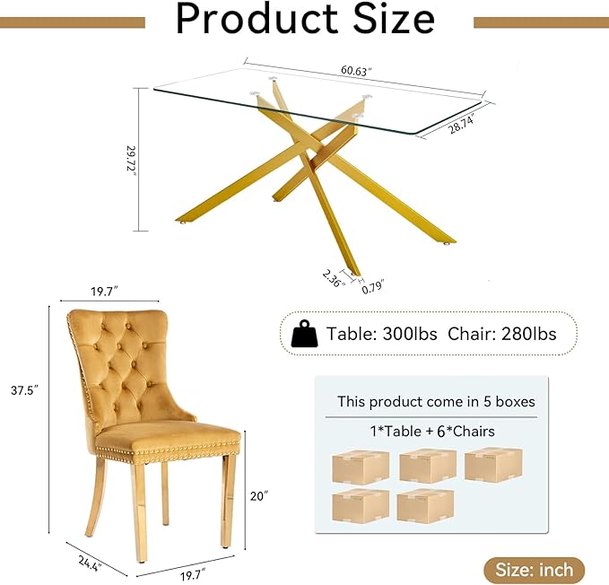 Goujxcy Glass Dining Table Set for 6, Modern Kitchen Table and Chairs Set of 6, 7-Piece Kitchen Dining Room Table Set w/61 Glass Gold Dining Table and 6 Yellow Velvet Upholstered Chairs