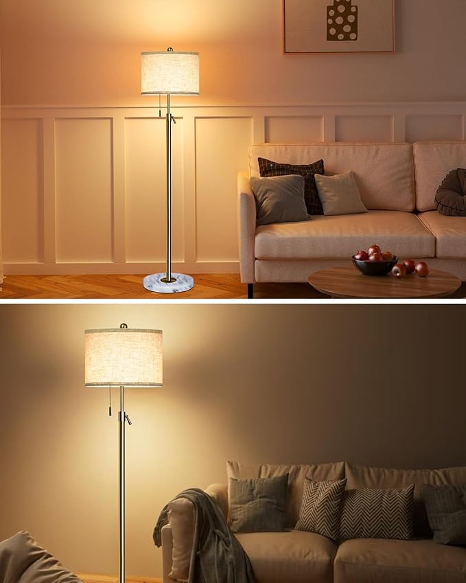 Modern Floor Lamp for Living Room - Adjustable Height Standing Lamp with Marble Base & Linen Shade, 3-Way Dimmable Tall Floor Light for Bedroom, Reading, Bulb Included