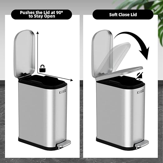 2.6 Gallon Slim Bathroom Trash Can with Soft Close Lid, 10L Stainless Steel Garbage Can with Removable Liner Bucket, for Narrow Spaces,Bathroom, Bedroom (Silver)