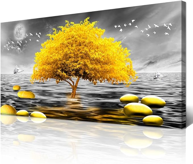 Wapluam Canvas Wall Art For Living Room Large Wall Decor For Bedroom Modern Office Wall Decoration Black And White View Wall Painting Yellow Tree Pictures Artwork For Walls Room Home Decor 40X20 in