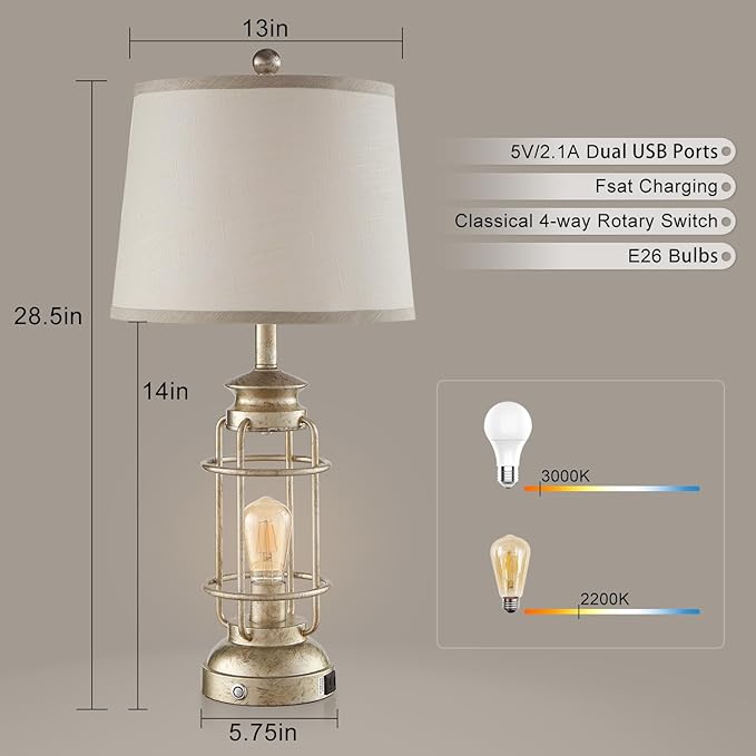 28.5" Retro Industrial Table Lamp for Living Room Bedroom Set of 2 Dimmable Touch Control Bedside Farmhouse Lamps with USB A+C Charging Ports and 2 Light Sources