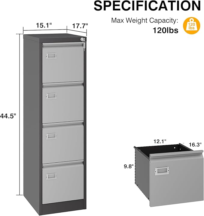 Vertical Small Filing Cabinet Steel Lockable Storage Cabinets for Home Office Hanging Letter/Legal/F4/A4 (4 Drawer, Black Gray)
