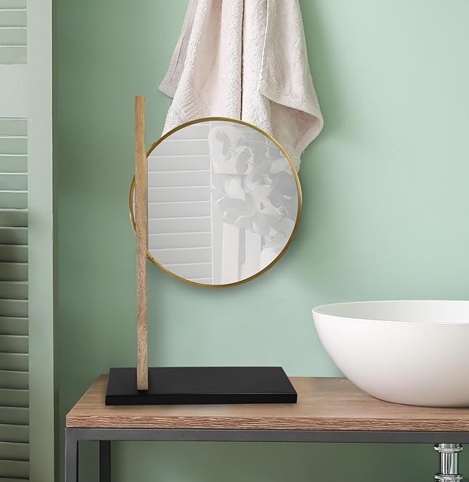 Howard Elliot Skoda Round Table Top Mirror with Stand, Table Desk Vanity Makeup Mirror with Stainless Steel Brushed Brass Frame & Mango Wood Base, Modern Accent Mirror Decor, Brass, 28.5 x 18 Inch