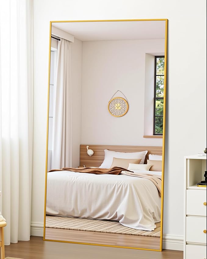 Suidia Full Length Mirror, 76"x34" Floor Standing Mirror Freestanding, Full Body Mirrors with Stand for Bedroom, Hanging Mounted for Living Room Cloakroom, Gold, Rectangular Style