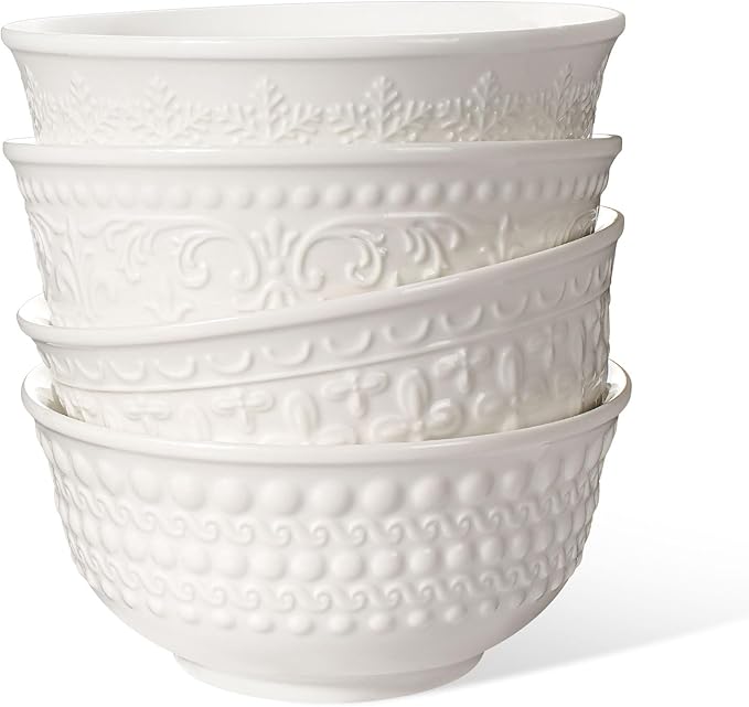 Cereal Bowls Set of 4 - Ceramic Soup Bowls for Kitchen 30 Oz Embossment White Breakfast Bowls for Rice, Pasta, Fruits, Salad, Ramen, 6.25 Inch, Dishwasher & Microwave Safe (Multiple Patterns)