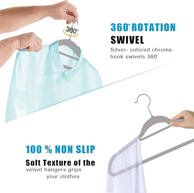 Premium Velvet Hangers, [50 Pack] Non Slip and Heavy Duty Velvet Suit Hangers (45cm) with Tie Bar, 360° Swivel Hooks, Sturdy to Hold Jumper, Pullovers, Jackets & Hoodies (50 Pack, Grey)