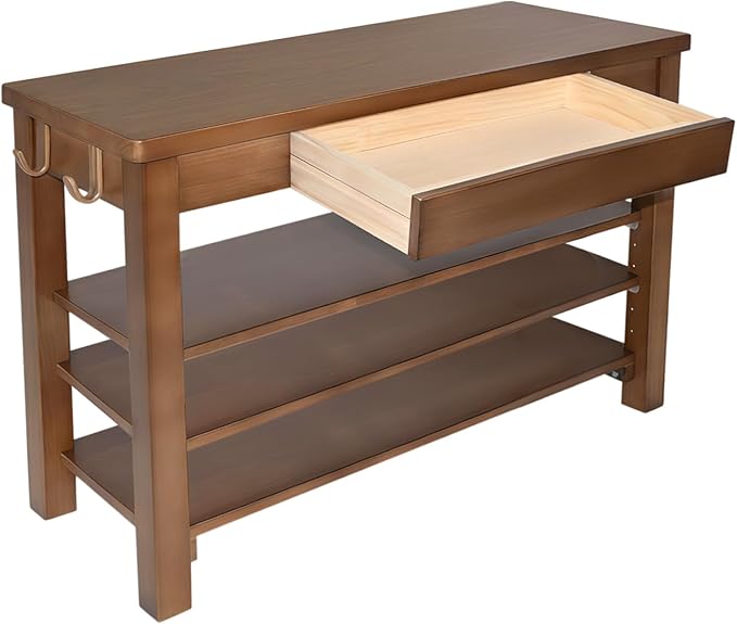 Wood Shoe Bench Entryway with Drawer: 3-Tiers Wooden Storage Shoe Rack with Bench Seat, Compact Mid-Century Modern Design for Entryway,Hallway,Closet,Front Door Entrance,Foyer Walnut 31.5"