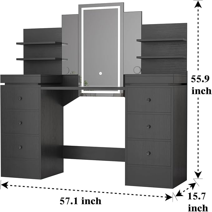 57.1" W Vanity Makeup Table with Lighted Mirror Table with Tri-Folding Mirror, 8 Drawers, 3 Light Modes, Open Storage Shelves, Vanity Table as Gifts for Girls/Women Vanity Must Haves