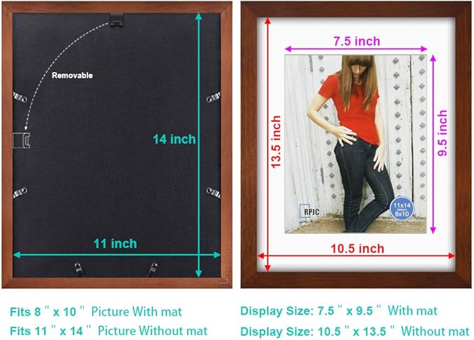RPJC 11x14 Picture Frames Made of Solid Wood and High Definition Glass Display Pictures 8x10 with Mat or 11x14 Without Mat for Wall Mounting Photo Frame Brown
