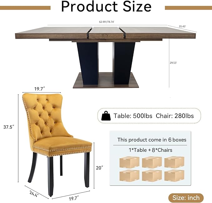Goujxcy 9-Piece Extendable Dining Table Set for 6-8 People 63-78 Inch Kitchen Table Set with 8 Velvet Upholstered Chairs Farmhouse Rectangular Dining Room Table Set for Kitchen Dining Room Apartment