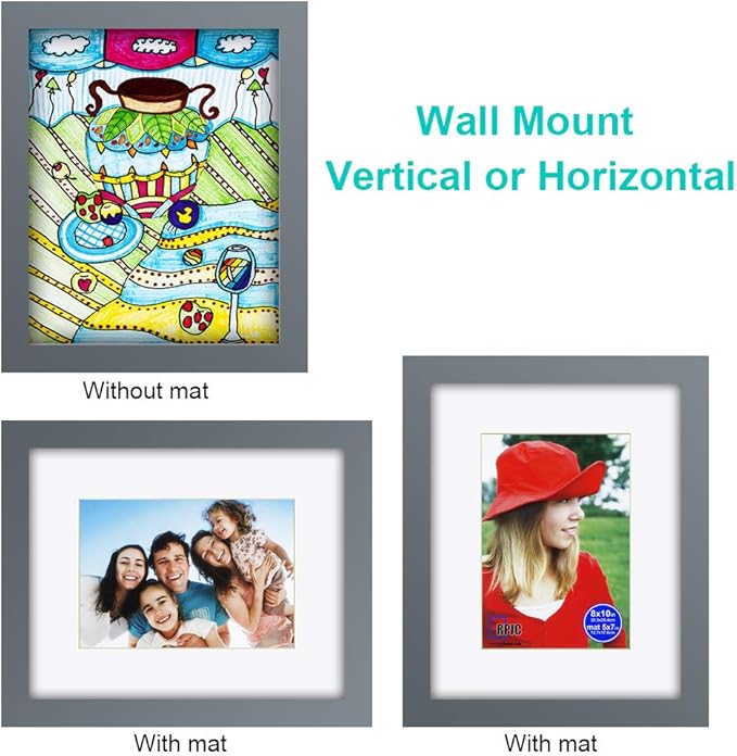 RPJC 8x10 inch Picture Frame Made of Solid Wood and High Definition Glass Display Pictures 5x7 with Mat or 8x10 Without Mat for Wall Mounting Photo Frame Grey