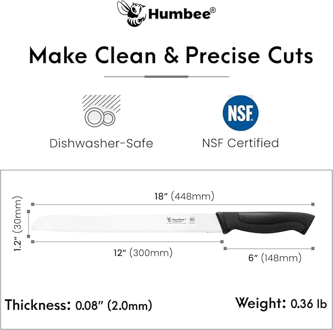 12-Inch Serrated Bread Knife, Premium High Carbon Stainless Steel Blade Knife for Bread with Ergonomic Handle, NSF Certified, DT-30 Series, Black