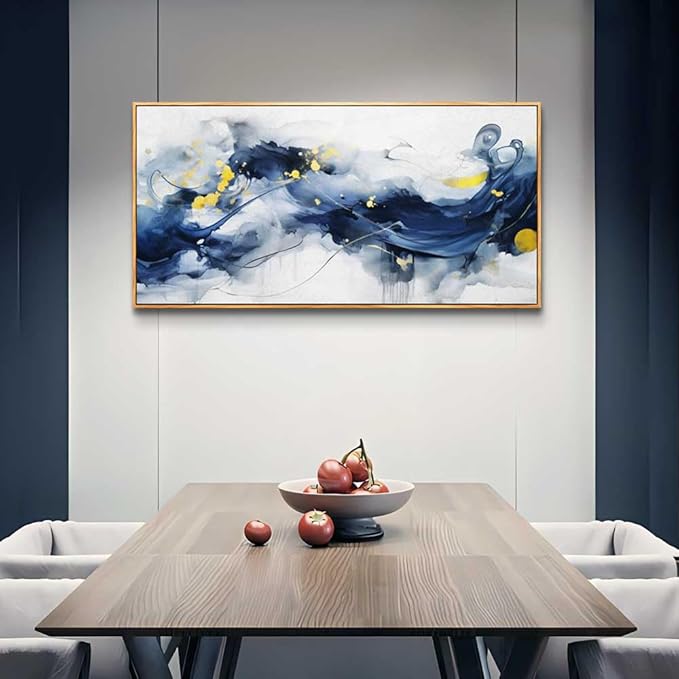 hyidecorart Wall Art For Living Room Large Size Wall Decor For Office Bedroom Wall Decorations Pictures Artwork Blue Abstract Ink Paintings Wood Framed Canvas Art Prints Ready To Hang Home Decor