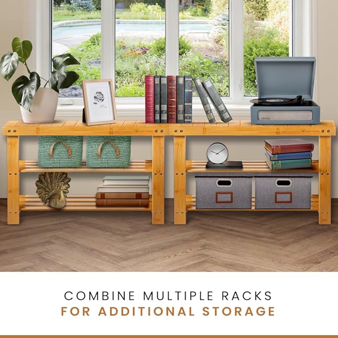 Leaf & Grain Bamboo Shoe Rack - Shoe Storage Bench for Front Door Entrance - Entryway Bench with Shoe Shelf, Shoe Storage Organizer, Wooden Shoe Rack, Durable Shoe Bench for Home (Brown)