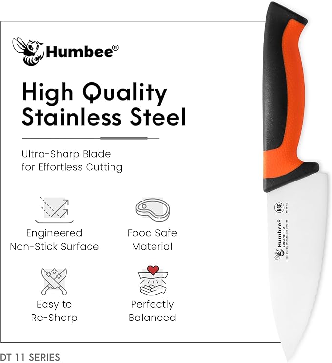 6 Inch Professional Chef Knife with Ergonomic Handle – NSF Certified Stainless Steel Kitchen Knife, Serrated Wave Teeth, Durable and Sharp Blade, DT 11 Series, Orange