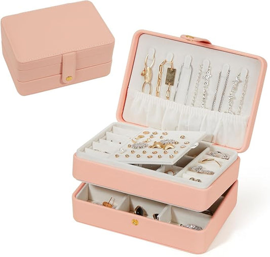Jewelry Boxes For Girls And Women, Pu Leather Made Portable Jewelry Organizer Travel Case,3 Layers Girl Jewelry Box For Rings, Earings, Necklaces, Bracelets, Watches And Lipsticks (pink)